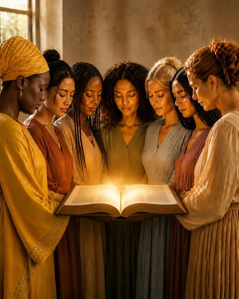 Sept femmes de différentes nations, têtes inclinées en prière autour d'une Bible ouverte